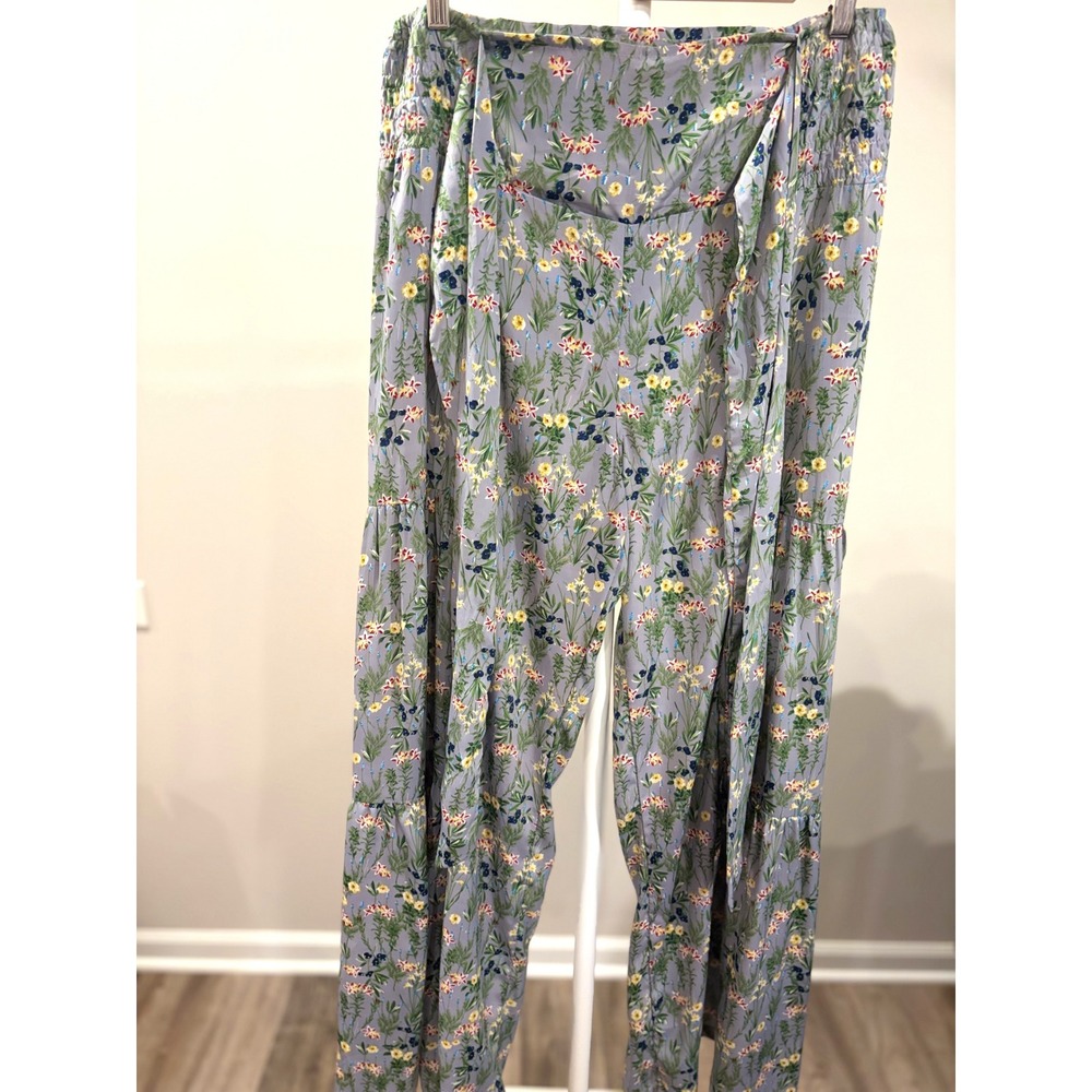Boho Cottagecore Smocked Tie Waist Flowy Blue Floral Tiered Wide Leg Pants M